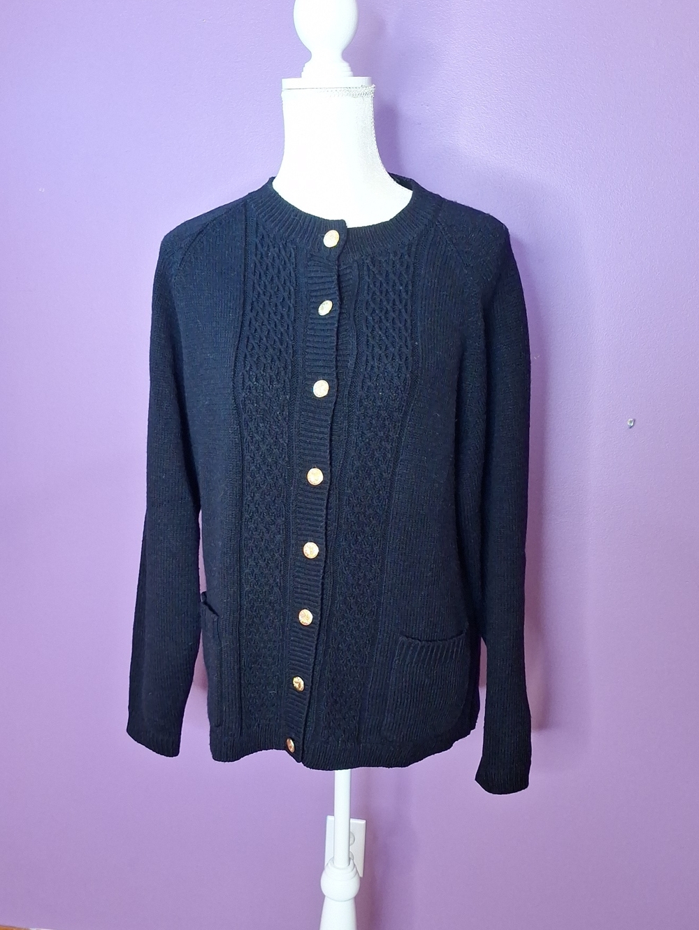 Jenny Buchanan Vitage 90's Black Textured Knit Cardigan with Gold Buttons